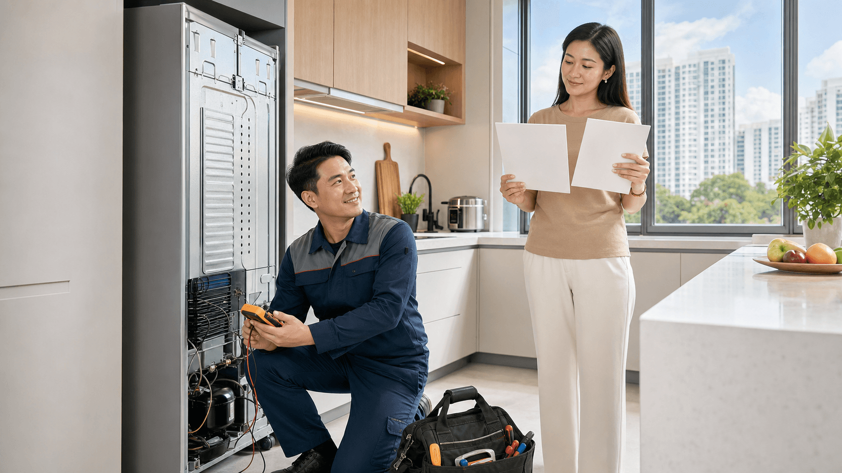 Modern stainless steel refrigerator beside a toolbox and wrench, with warm kitchen lighting and soft shadows
