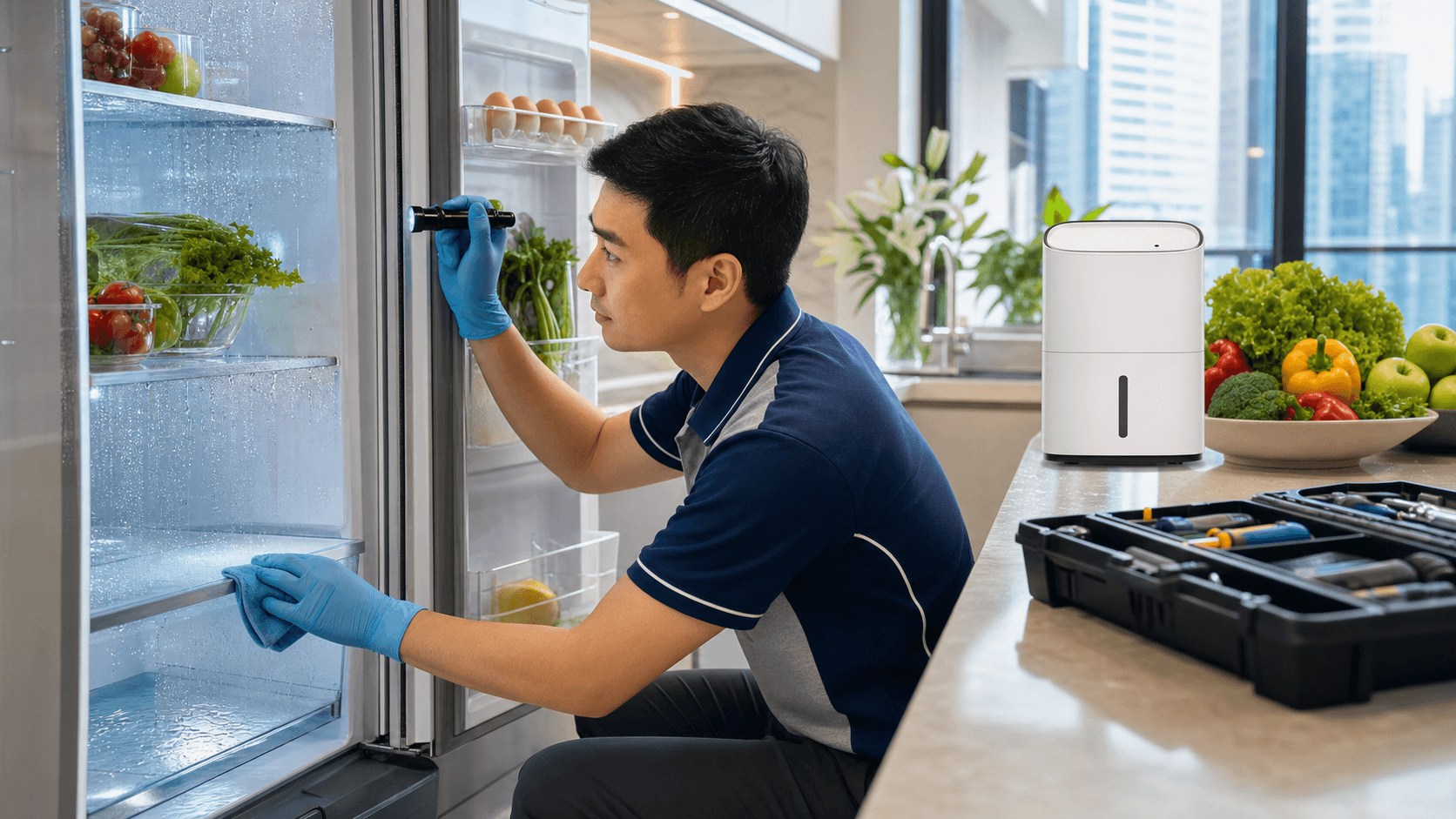 Open refrigerator with wet glass shelves, visible mold spots on seals, and cool white interior light