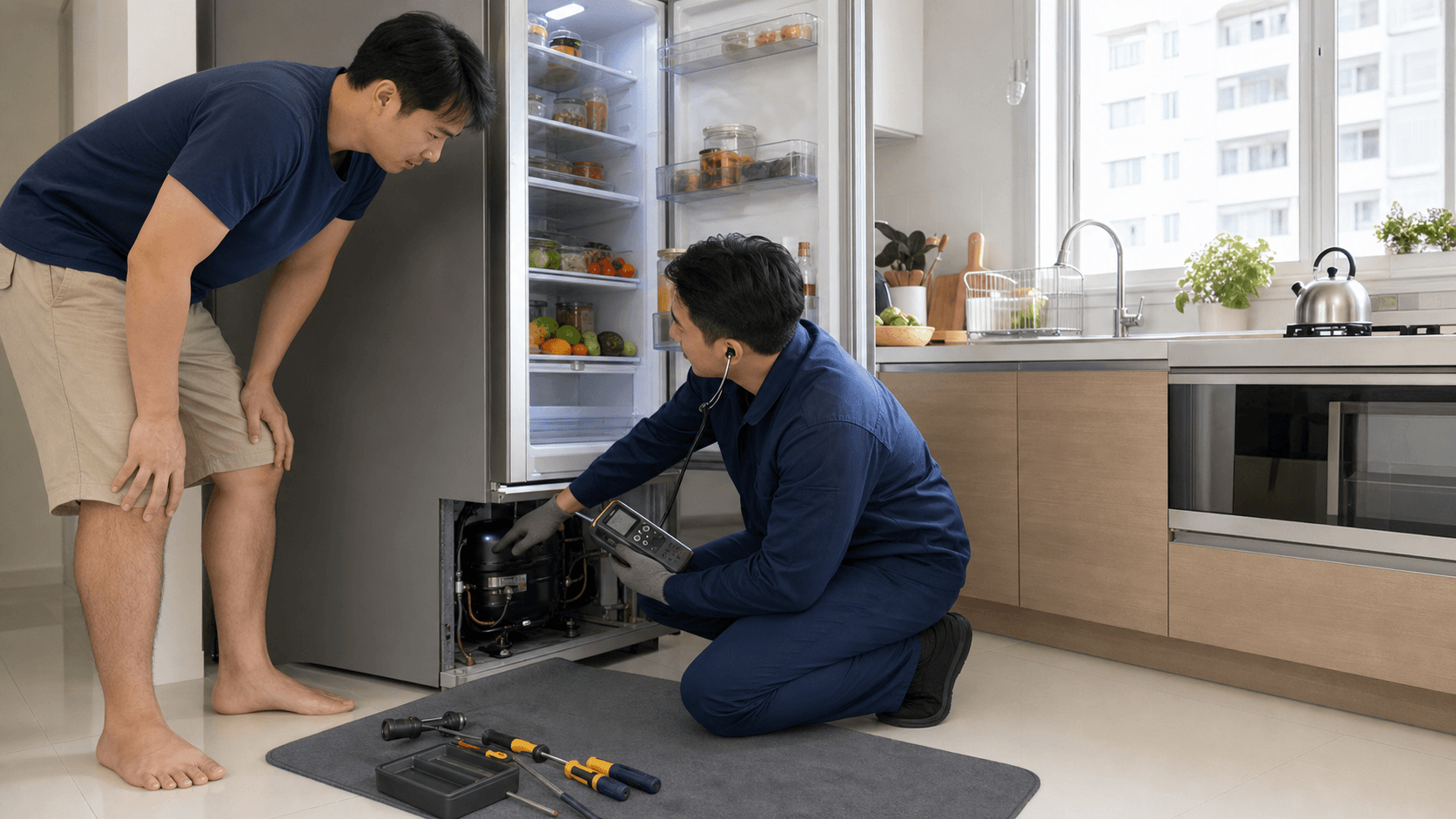 Modern stainless steel fridge in a bright kitchen, with colorful sound wave icons floating beside the door.