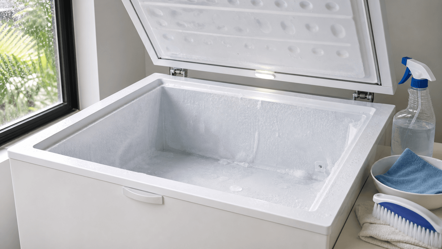 Open freezer with thick frost on shelves as gloved hands scrape ice into a tray under bright kitchen light
