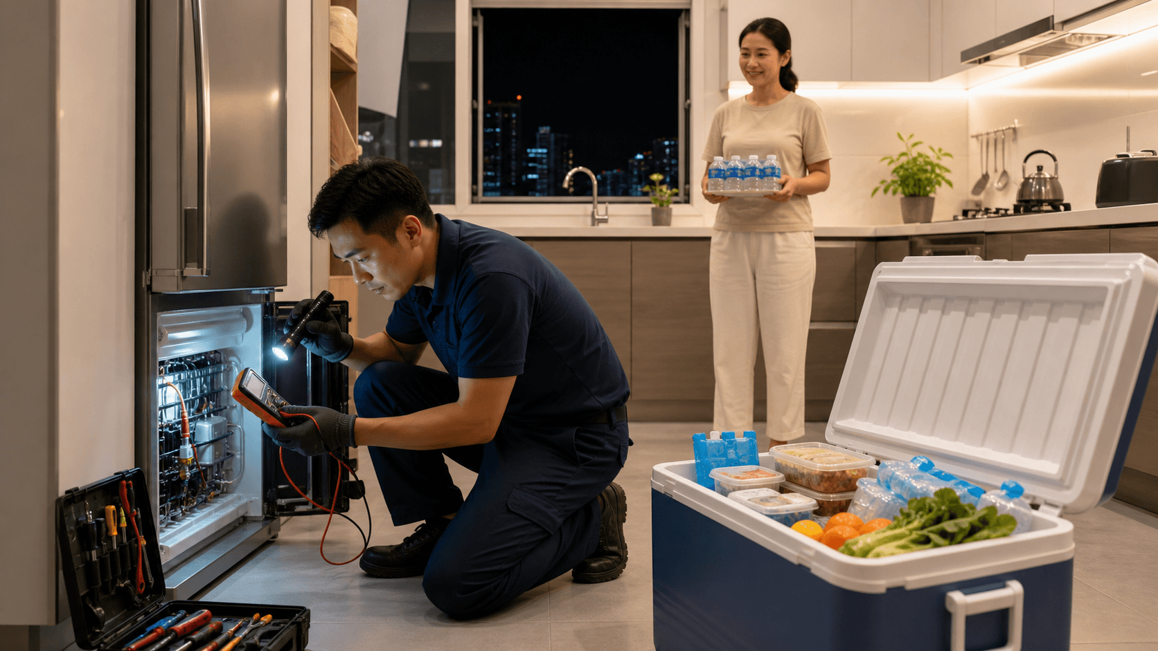 Repair technician in blue uniform checking an open fridge at night, lit by flashlight and kitchen light