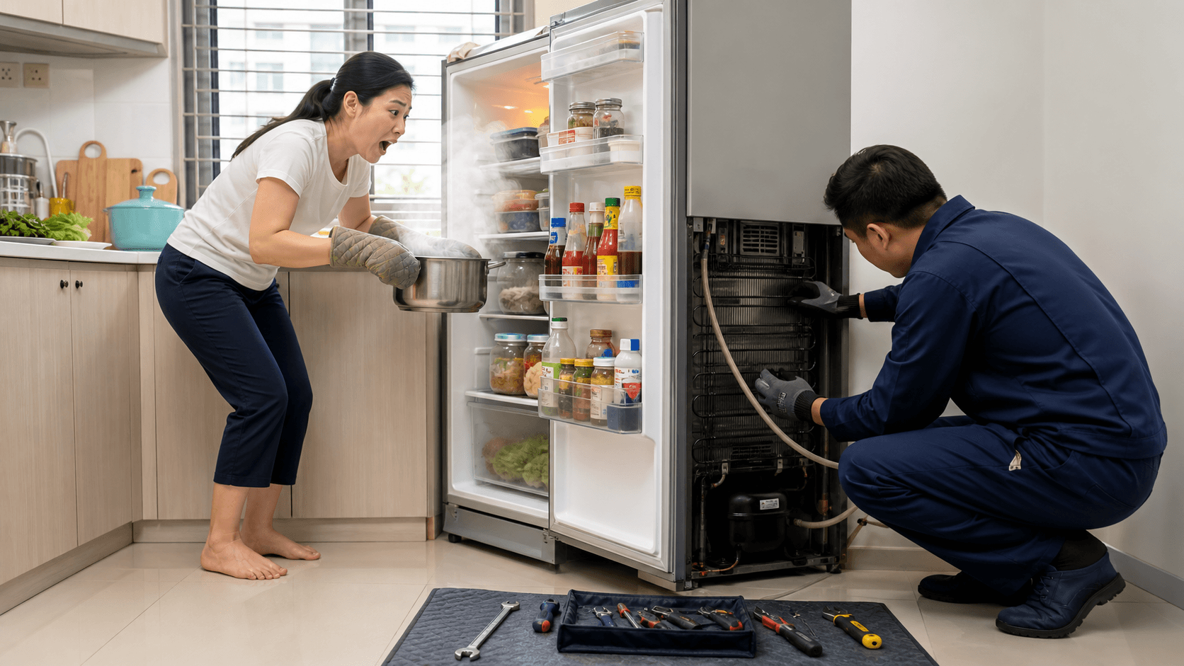 Modern stainless steel fridge in a bright kitchen, door ajar with food items visible and warm sunlight streaming in.
