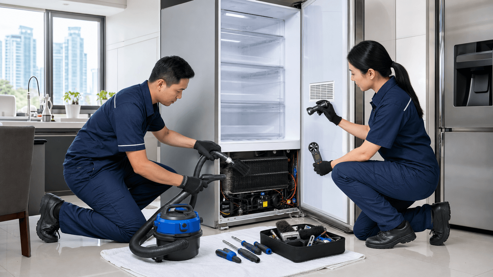 Blue-toned illustration of an open freezer with checklist icons and tools, highlighting coils, seals, and airflow arrows.