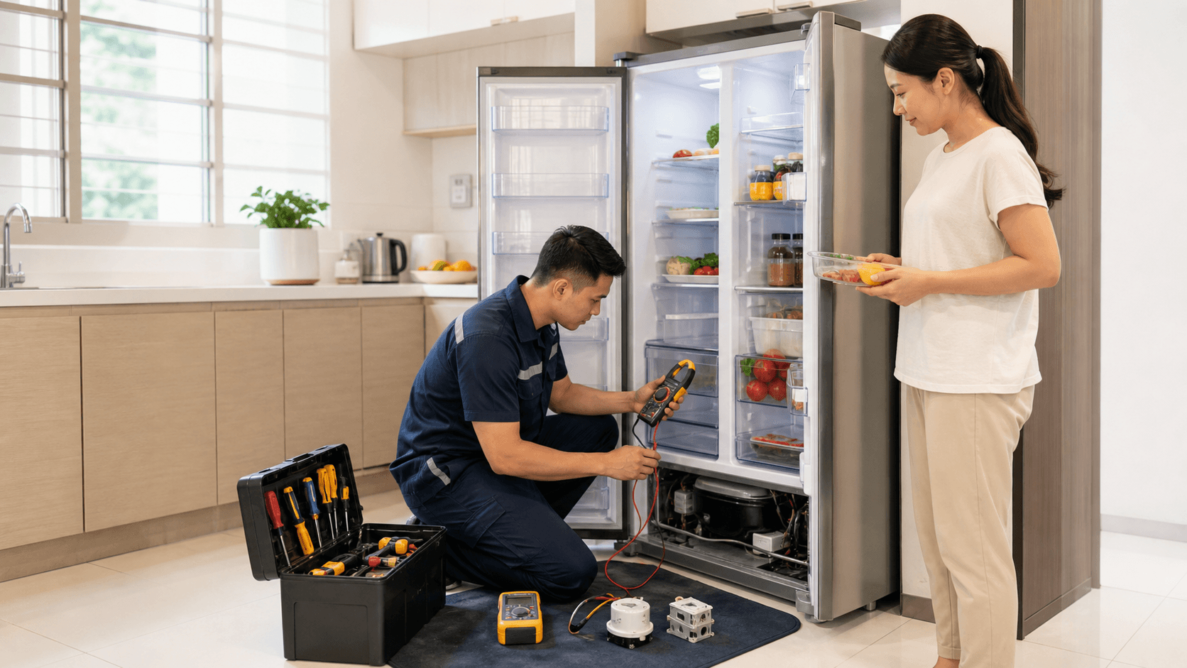 Technician in blue uniform repairing an open refrigerator in a bright modern kitchen, tools on the counter.