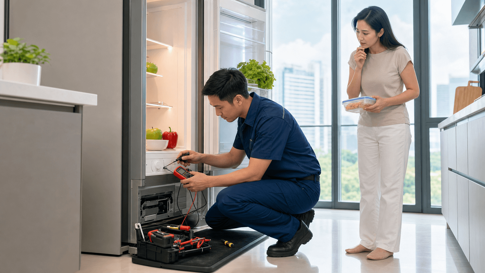 Worried homeowner in a kitchen checks an open fridge thermostat with a screwdriver, cool blue light glowing inside.