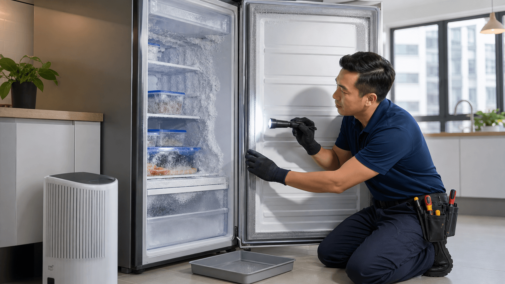 Open freezer drawer with thick white frost on walls, cool blue lighting, humid air mist near the door