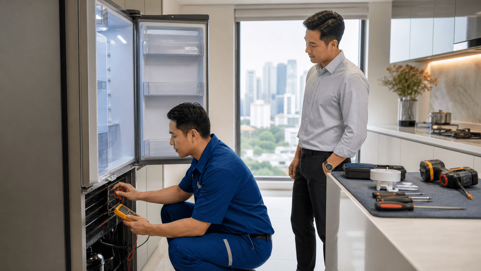 Smiling technician in blue uniform checks an open stainless steel refrigerator in a bright modern kitchen.