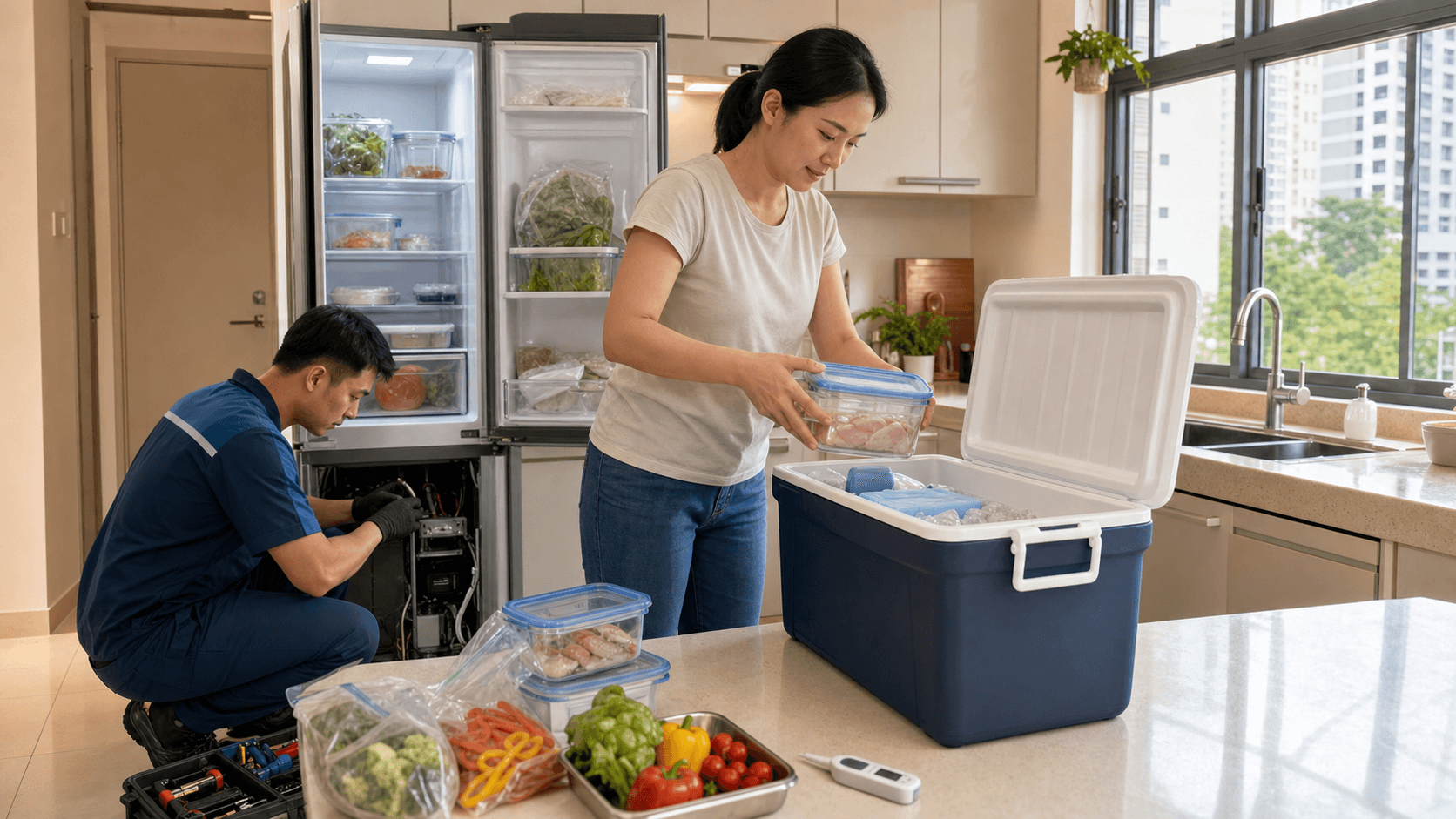 Open fridge with warm light, spoiled food and melting ice, with Singapore skyline visible through a kitchen window.