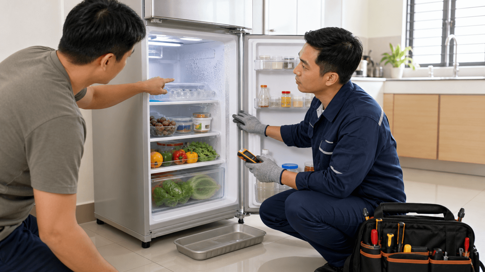 Stainless steel fridge with a blinking red warning icon, warm kitchen lighting, and faint Singapore skyline in window.