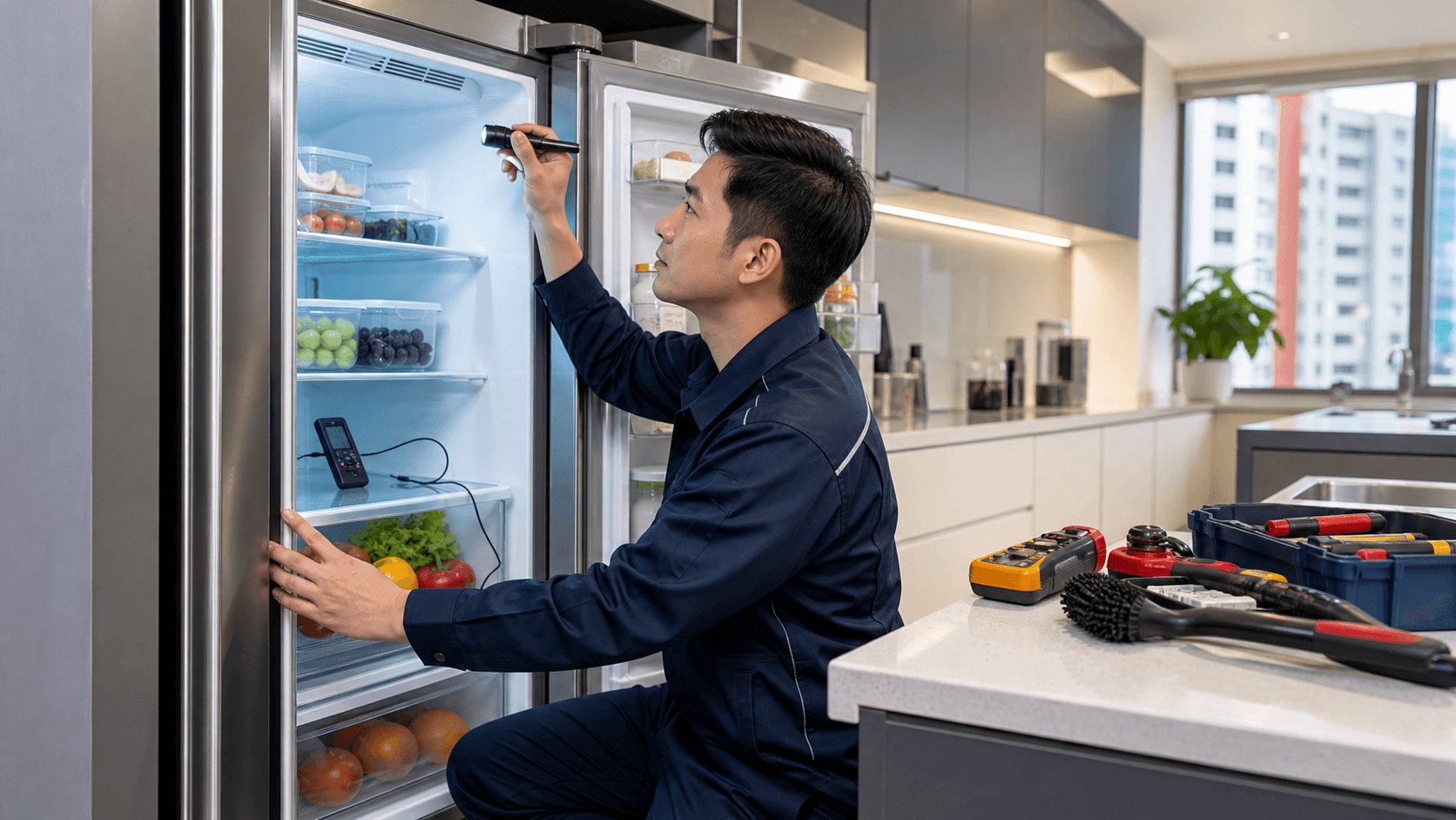 Technician in blue uniform inspects an open refrigerator with a flashlight in a bright modern kitchen.