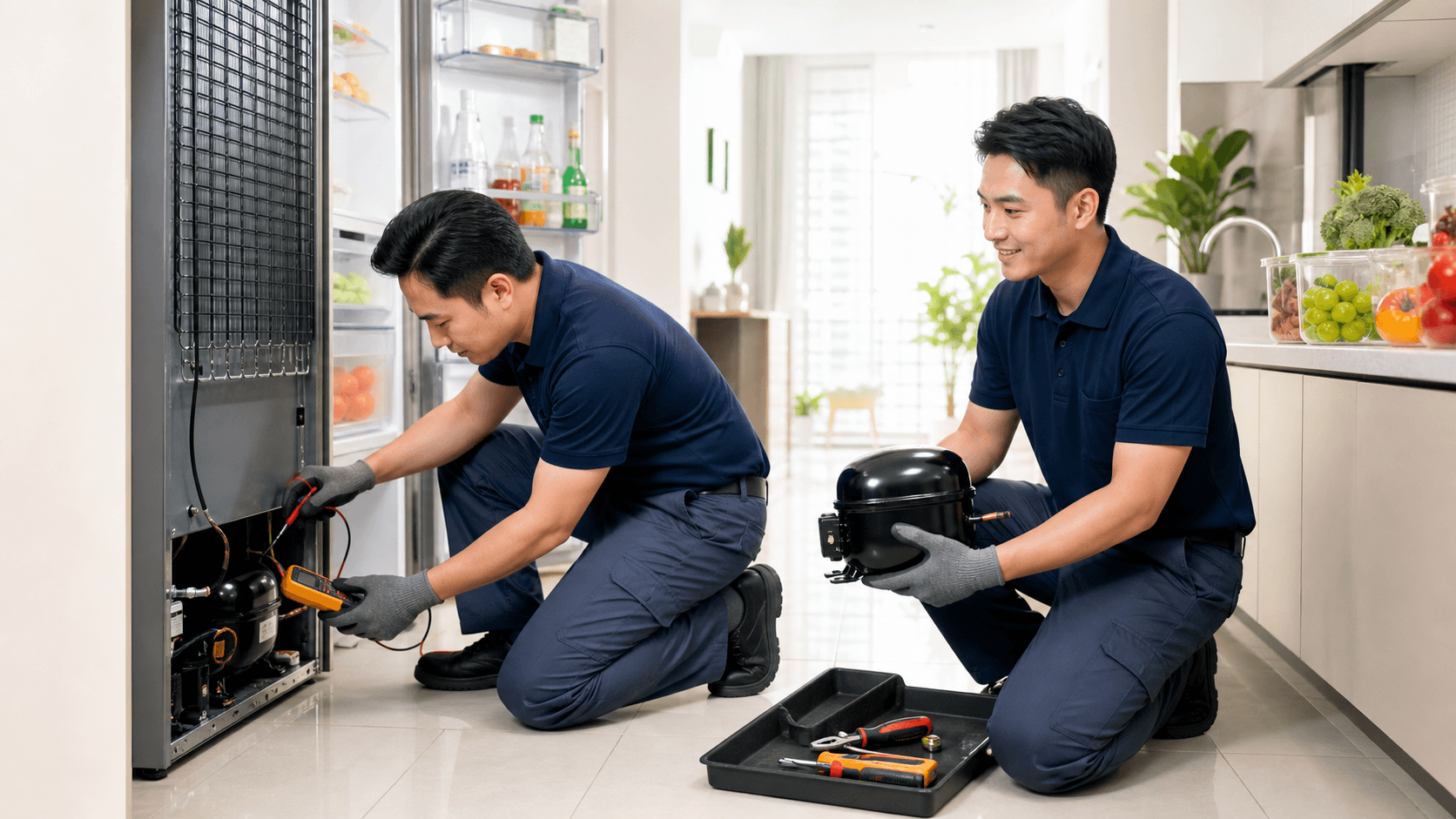 Open refrigerator with warm interior light, showing exposed compressor and tools on a kitchen floor in a Singapore flat