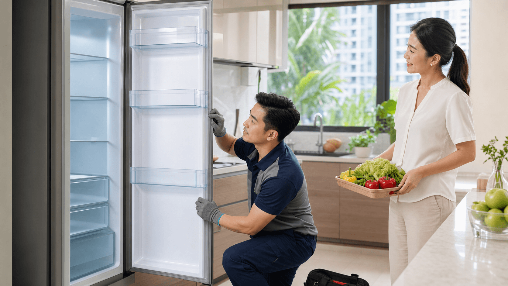 Technician replacing a worn fridge door gasket in a bright kitchen, close-up on hands and rubber seal.