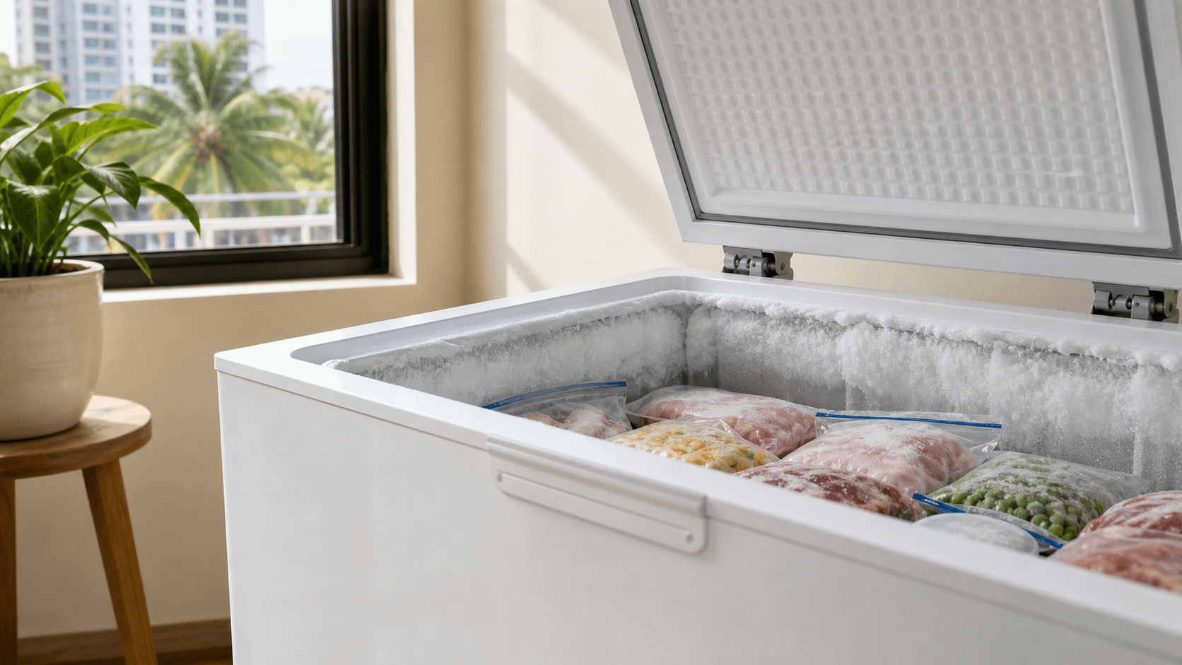 Open freezer with melting ice and foggy shelves, warm orange sunlight spilling in against a city skyline.